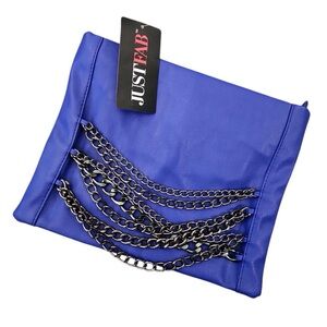 New JUST FAB Blue Clutch Purse with Gunmetal Chains 12x9.5 Ladies Bag Handbag